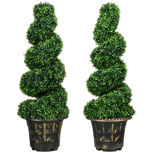 HOMCOM Set of 2 Potted Artificial Plants, Topiary Spiral Boxwood Trees, 90cm